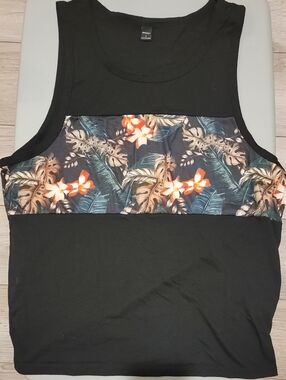 ⭐️Manfinity Black Tank Top with Tropical Floral Chest Band